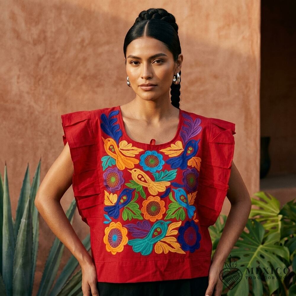 Traditional Mexican Huipil style Blouse – Handmade Embroidered Manta Top S M L